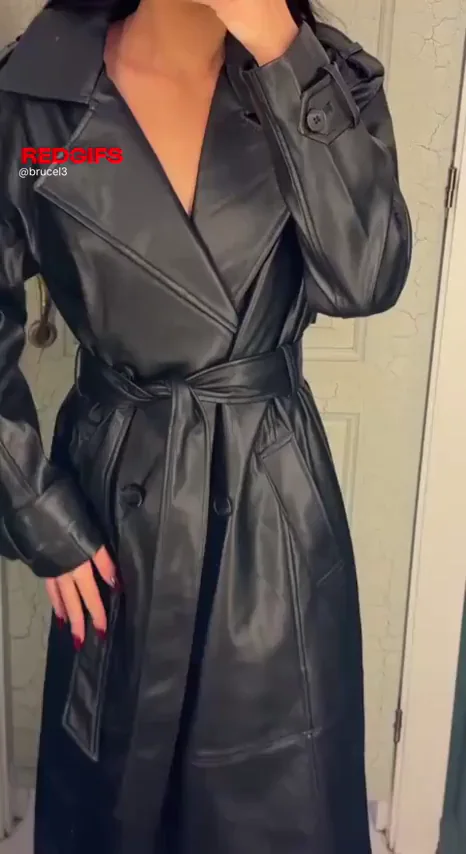 Leather Trench Tease: Tits Out in the Changing Room