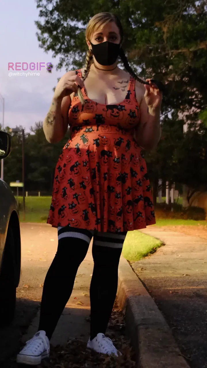 Public Tit Flash Slut Rocks Red Dress and Thigh Highs