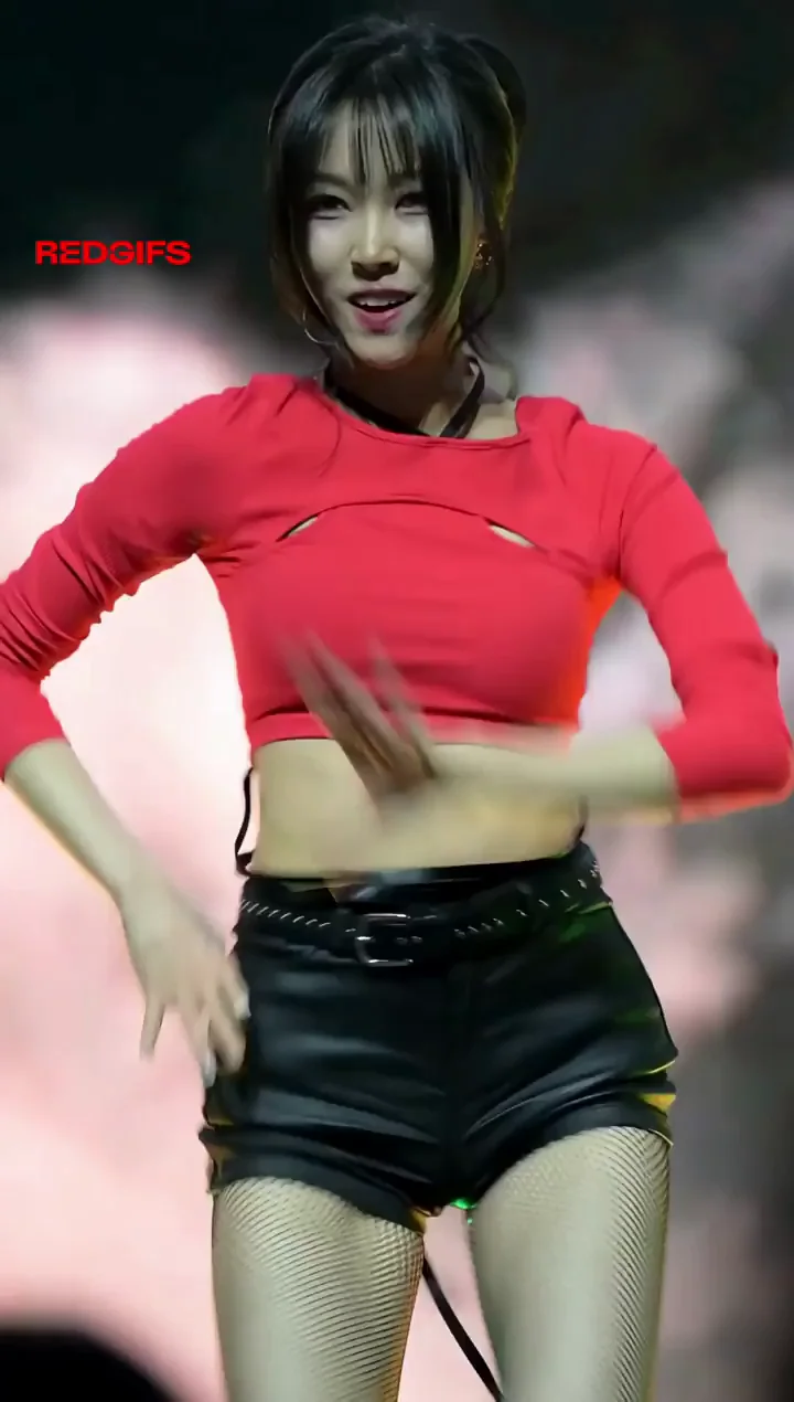 Yuju's Slutty Kpop Dance Tease in Red Crop Top and Tight Leather Shorts