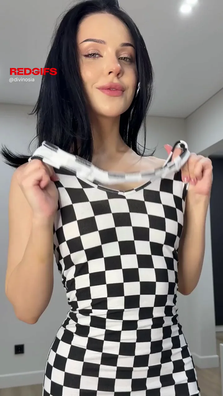 Petite Brunette Slut Teases Her Perky Boobs in Checkered Dress
