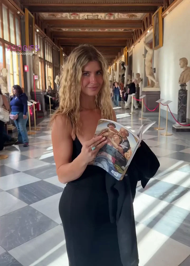 Busty Blonde Bombshell in Tight Black Dress Teasing in Museum