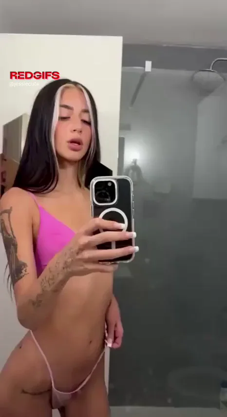 Redhead TikTok Slut's Perky Tits Tease in Pink Thong Mirror Flex