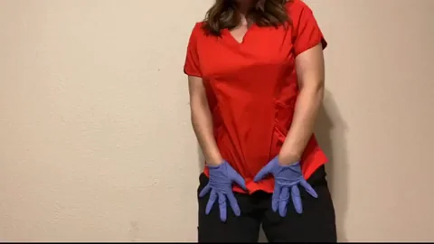 🔥 Red Scrubs Slut Teasing with Blue Gloves & Perky Tits! What's Your Color? 😈