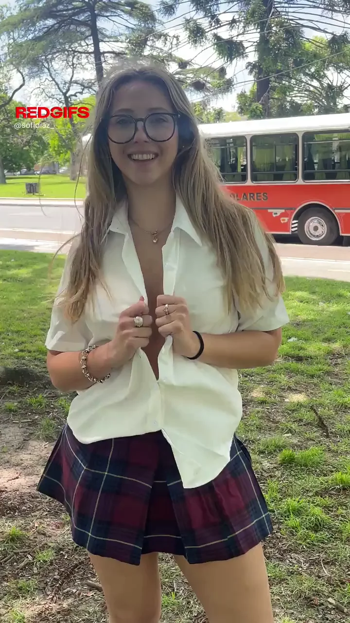 Schoolgirl Slut Flashes Perky Tits Solo in Public Park Tease