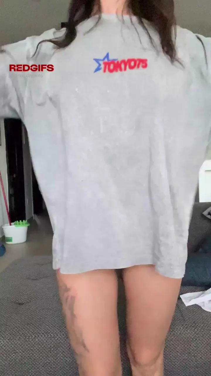 Petite Brunette Tease Begs for Naughty List in Oversized Tee & Thong