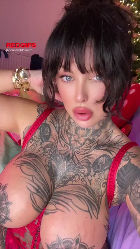 Red Lingerie Tease with Massive Inked Tits