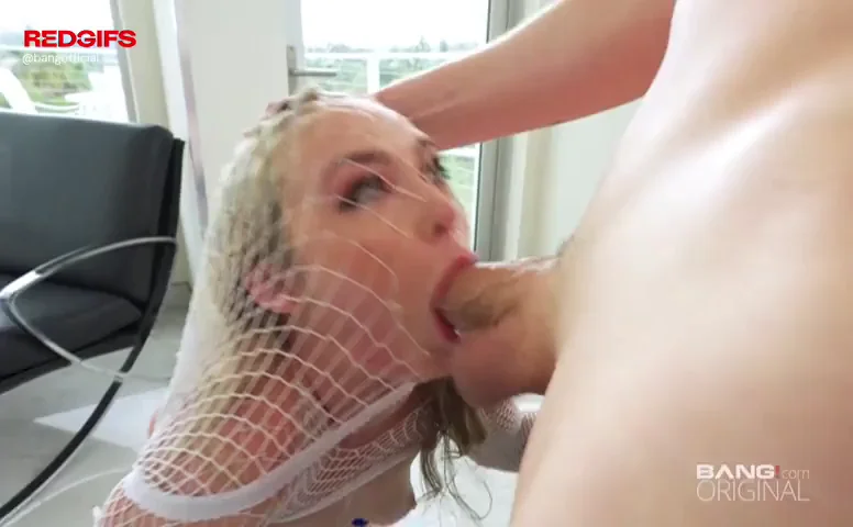 Blonde babe Lilly Bell faced fucked in fishnets