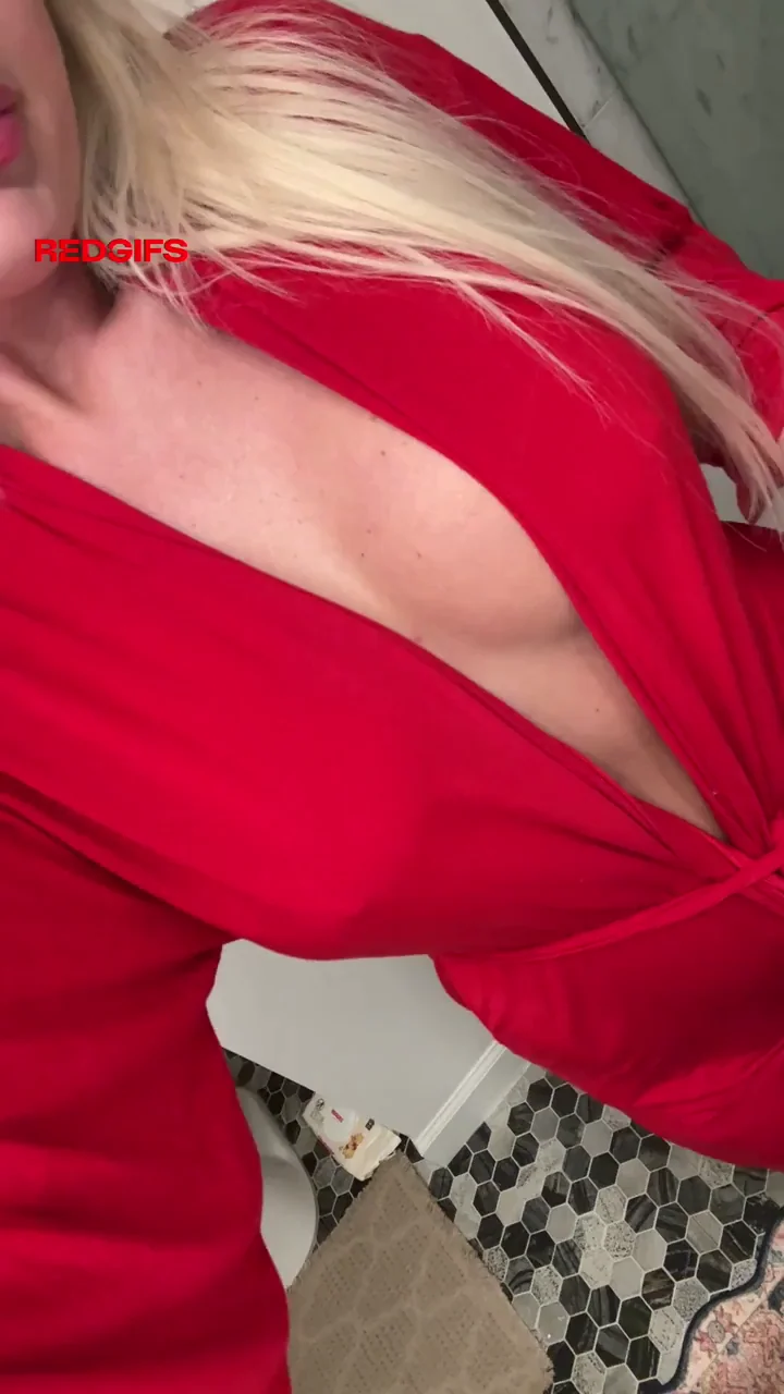 Blonde Bimbo's Massive Fake Tits Tease in Red Dress