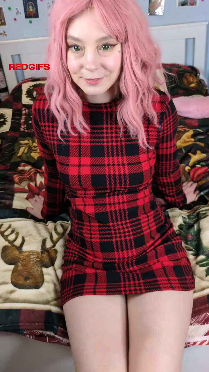 Pink-Haired Slut Teases in Tight Plaid Mini Dress