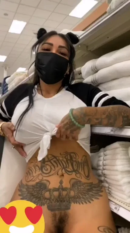 Inked Slut Teases Pussy in Store - Tattoos Dripping Wild