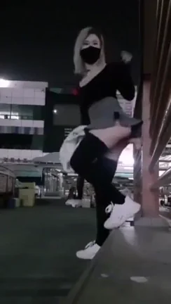 Masked Slut's Public Pussy Flash & Suction Dildo Tease