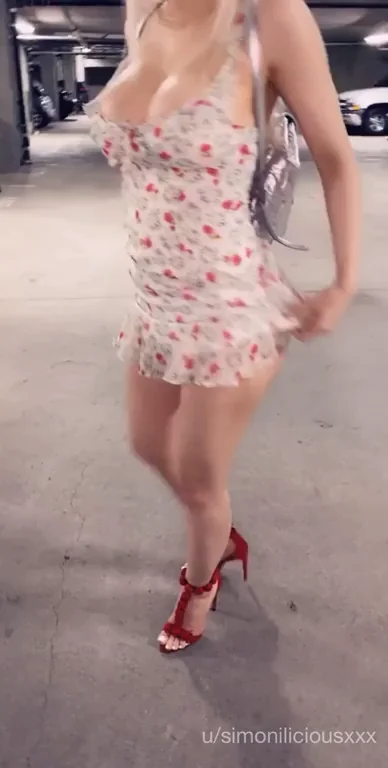 Bimbo Slut Flashing Massive Tits in Public Garage 😈🍒