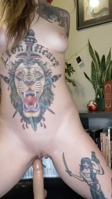 Inked Slut Slides Balls-Deep on Thick Dildo Ride