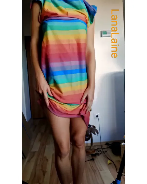 Teasing First Post: Rainbow Dress Strip to Cute Panties