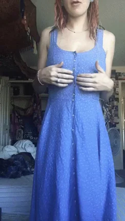 Redhead Tease Unbuttons Her Blue Dress Surprise