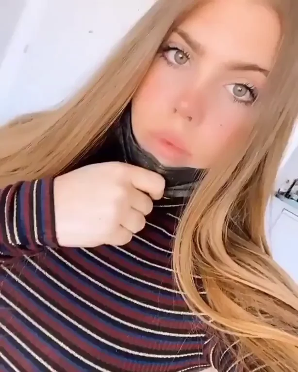Petite Blonde Bombshell with Massive Tits Teasing in Striped Top