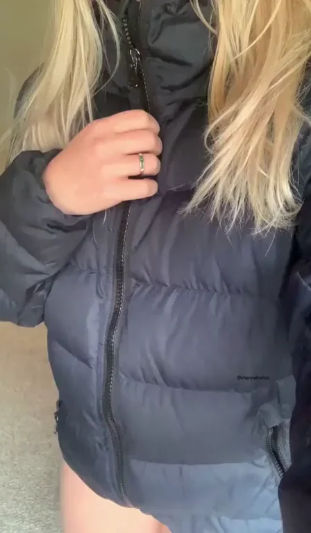 Blonde Puffer Slut Begs for Warmth: Shiver & Strip Tease O-Face Drop