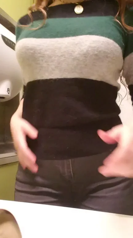 School Bathroom Double Reveal: 18F's Bouncing Titty Drop & Pant Tease