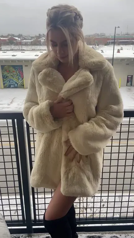 Snowy Balcony Slut Flaunts Massive Tits & Juicy Ass in Fur Coat Tease