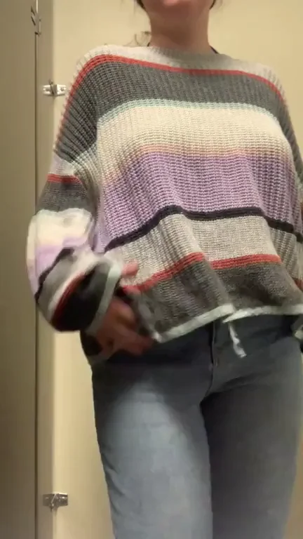 Office Titty Drop in Striped Sweater and Tight Jeans