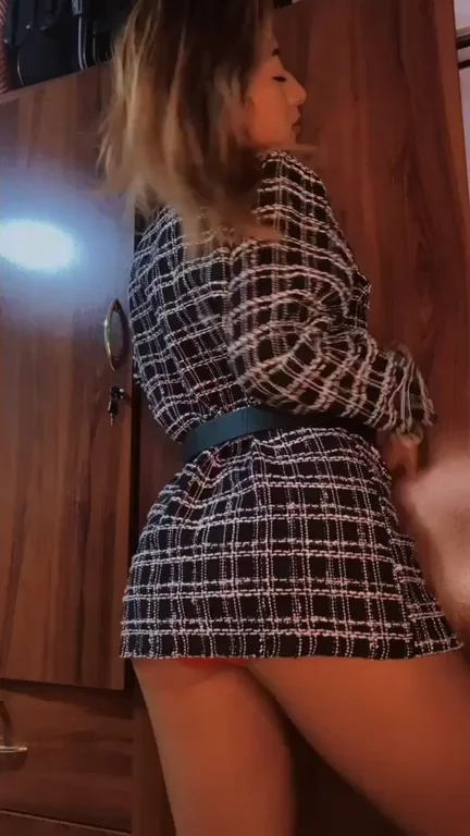 Shy Asian Babe Teases in Plaid Blazer & Tiny Red Thong 😘🔥