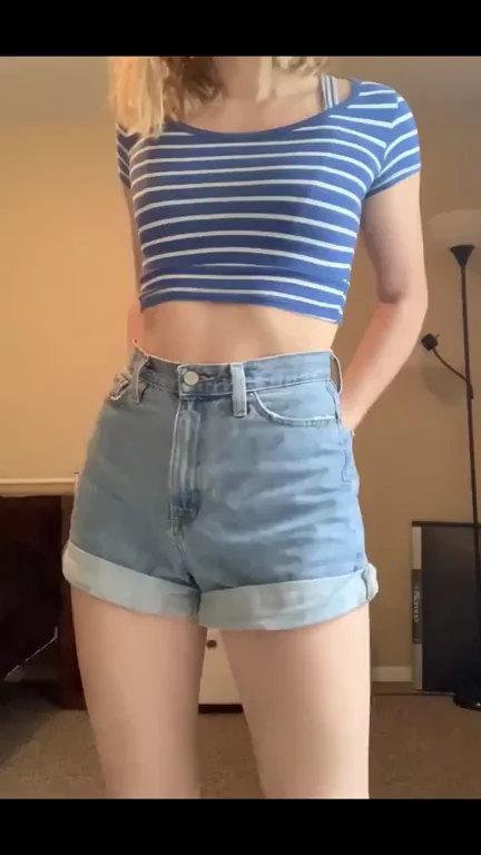 Teasing 'How Did I Do?' in Striped Crop & Ripped Denim Shorts