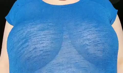 Sunbeam Slut's Sheer Blue Tease: 34F Tits Bursting Out