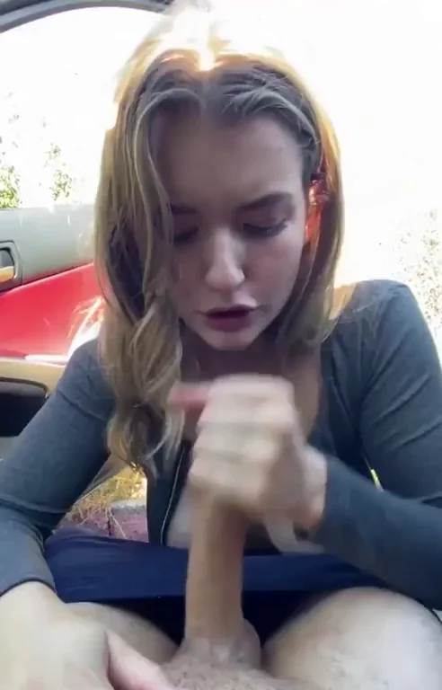 Blonde Slut Sucks Dick in Car, Almost Busted Post-Cum