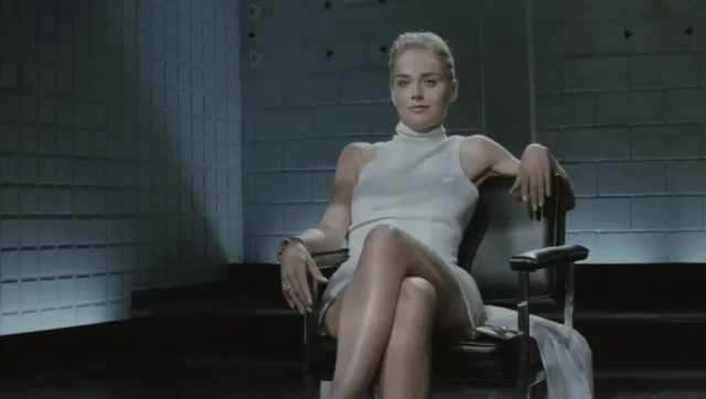 Sharon Stone's Slutty Interrogation: Legs Spread, Pussy Tease in White Dress