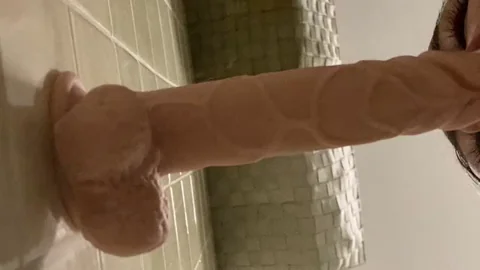 Mature Slut Chokes on Thick Dildo Cock in Steamy Shower Tease