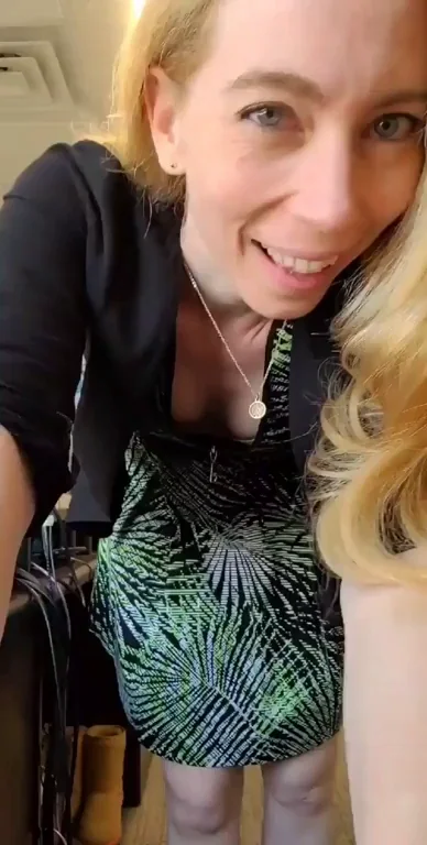 Office Slut Strips Out of Backless Lace and Palm Print Dress