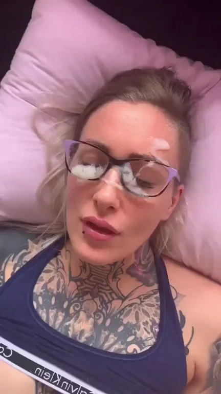 Tattooed Bimbo Slut Licks Sticky Cum Off Her Glasses 😍💦👓