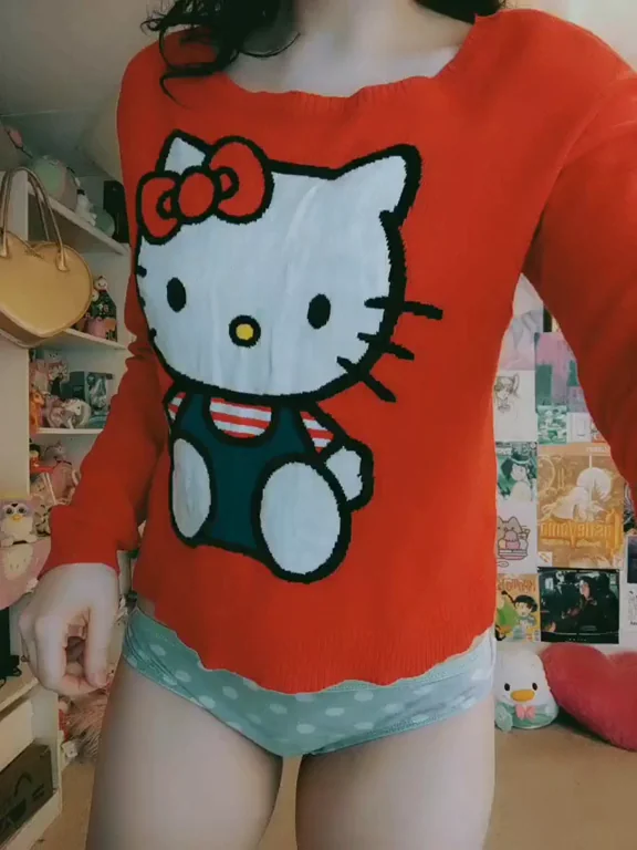 Tiny Pale Nipples Pop from Hello Kitty Tease!