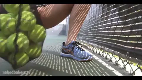 Picking up tennis balls with no panties on.