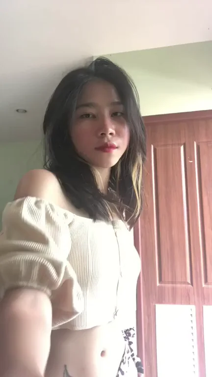 Asian Hottie Teases in Off-Shoulder Top and Leopard Thong for Your Boner