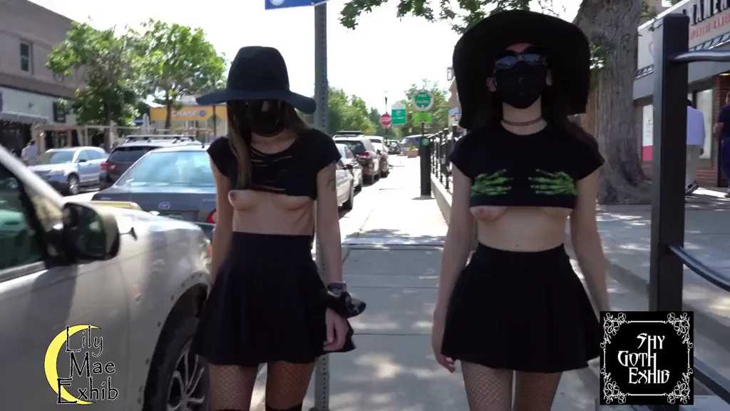 Tits-out walk through town with the lovely ShyGothExhib. The college boys loved us! [F]
