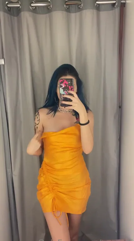 Fitting Room Tease: Wanna Pound My Tattooed Curves in This Orange Slit?