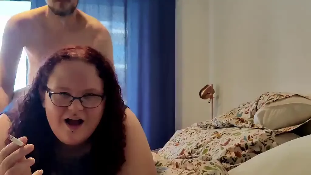 Chubby Glasses Slut in Tight Blue Dress Smokes While Getting Doggy Fucked CFNM Style