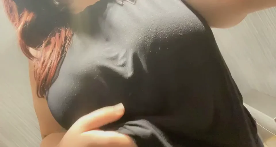 Bathroom Tease: Slutty Flasher Lifts Shirt for Perky Tit Flash