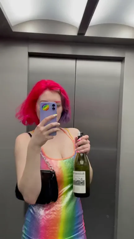 Hot Pink-Haired Russian Teen Teases Big Tits in Shiny Rainbow Dress Elevator