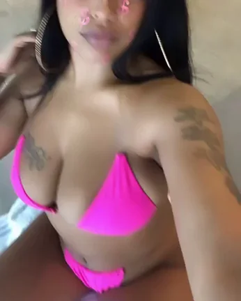 Ebony Babe's Pink Bikini Boobs Bursting Out