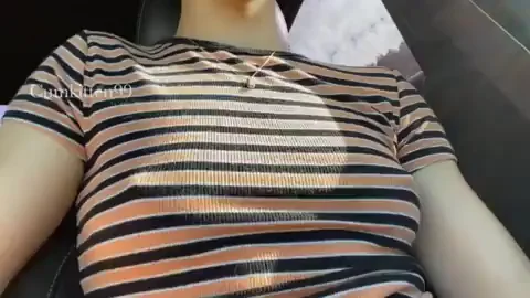Car Flash Slut Teases Her Perky Tits in Striped Top!