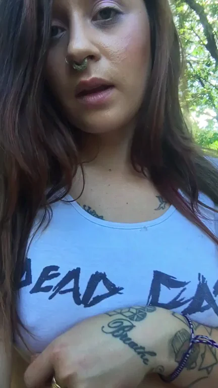Petite Inked Slut's Epic Titty Drop in the Woods