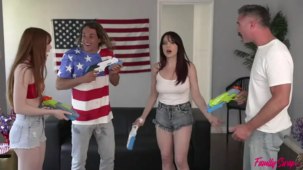 Patriotic Family Swap Creampie Orgy: Redhead & Brunette Sluts Stroke Swapped Cocks