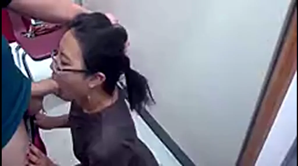 Asian Glasses Slut Deepthroats Cock in Public Dressing Room