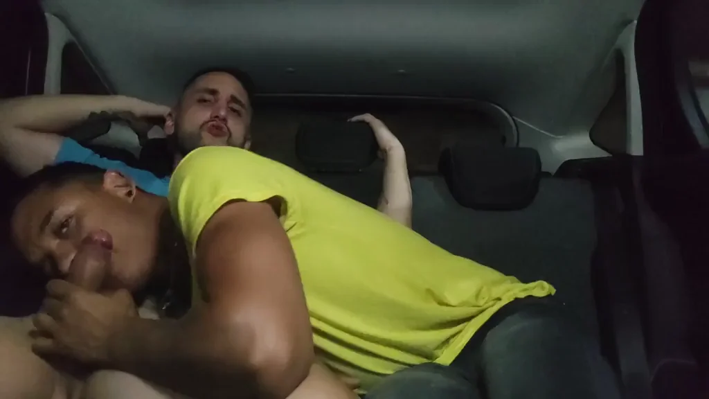 while they sucked my dick in the parking lot a guy was spying on us... ? we saw him and he ended up joining the party ?? full video in the link in comments ??