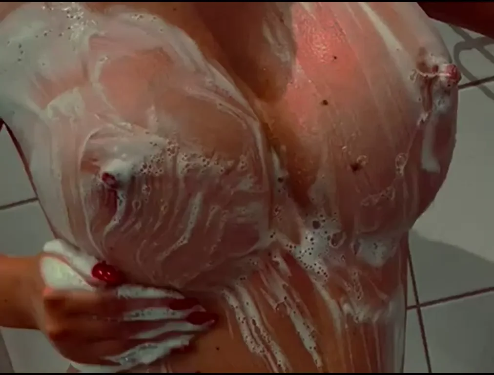 Young Wet Slut's Massive Bolted-On Tits Getting Soapy Hard 😍💦🍒