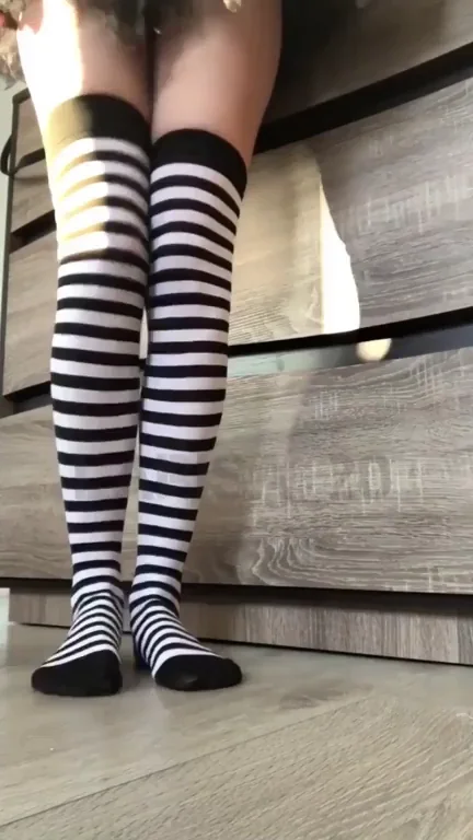 Goth Blonde's Wet Pussy Tease in Striped Thighhighs 😈💦
