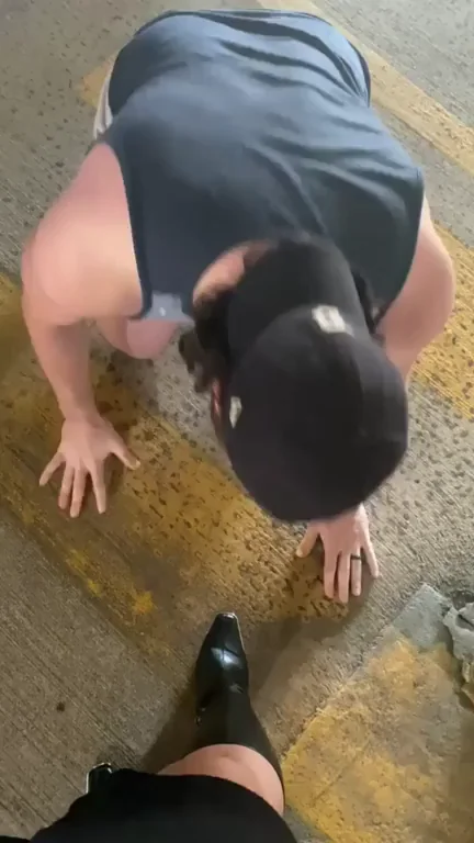 Subby Bitch Grovels and Licks Mistress's Shiny Black Boots!