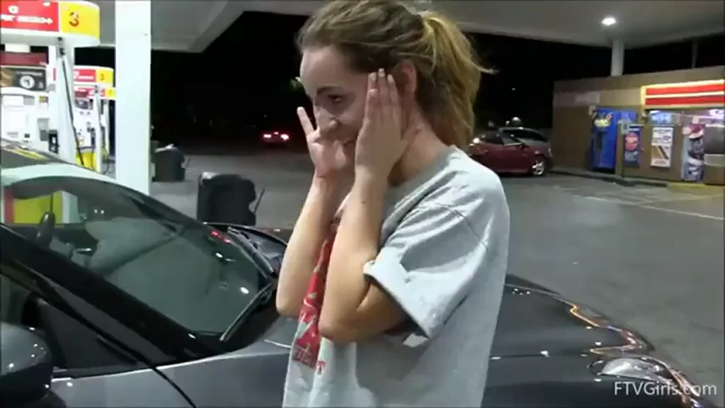 Blonde Loser Pays Up with Tits Out at Gas Station